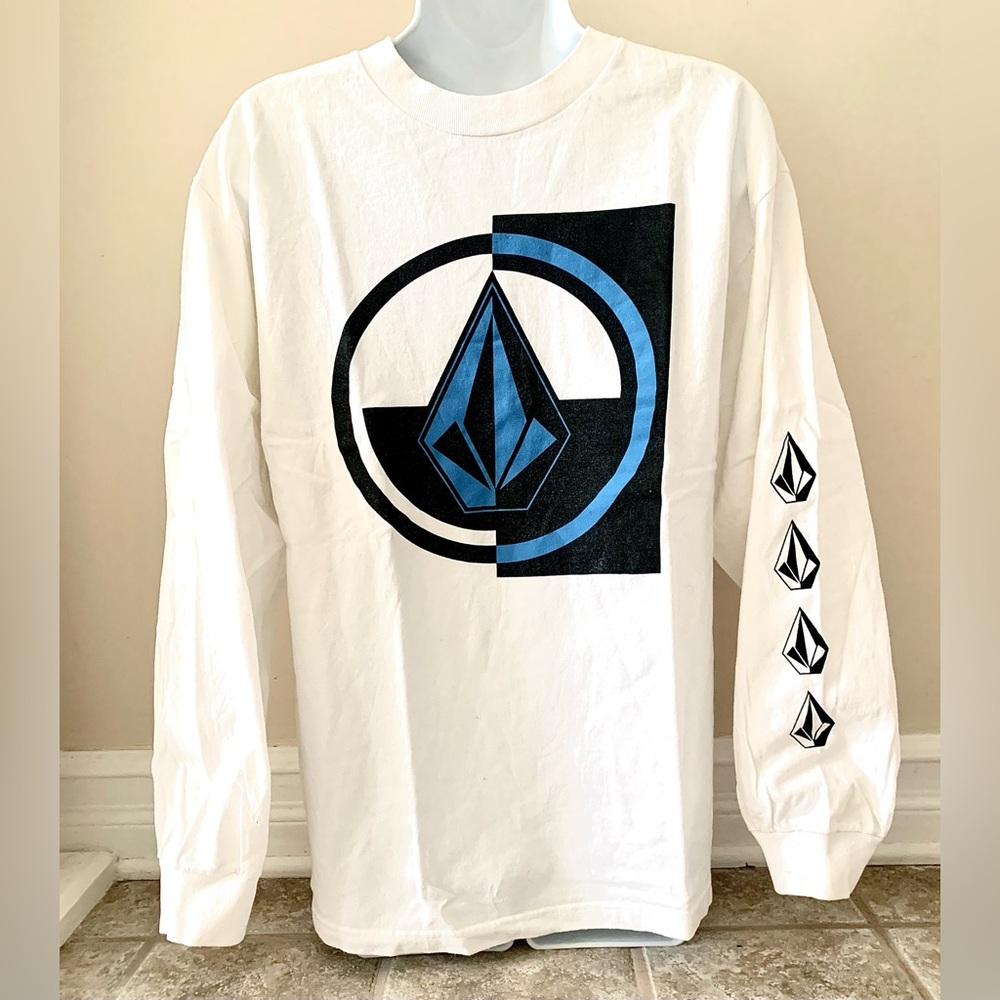 Volcom White and Black Long Sleeve Tee with Blue Graphic
